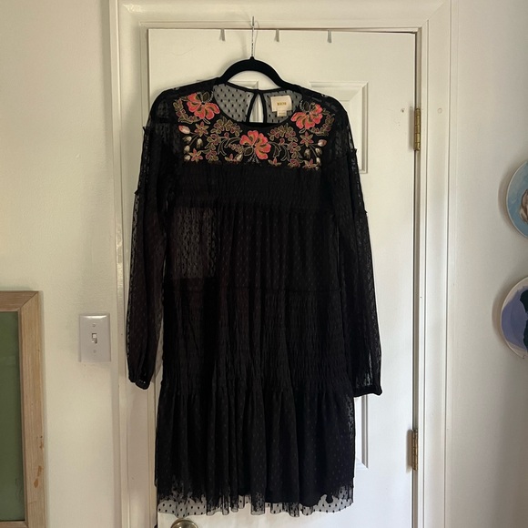 Maeve Anthropologie women’s black Samara mesh lace floral embroidery dress - Picture 2 of 5
